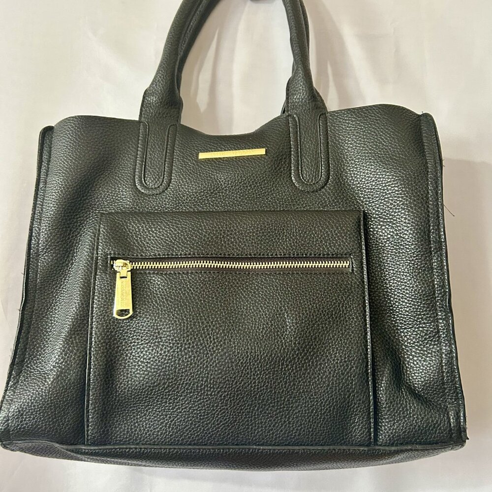 Steve Madden Black Faux Leather Laptop Tote, Gold Zip Front, Work Bag - Picture 2 of 10